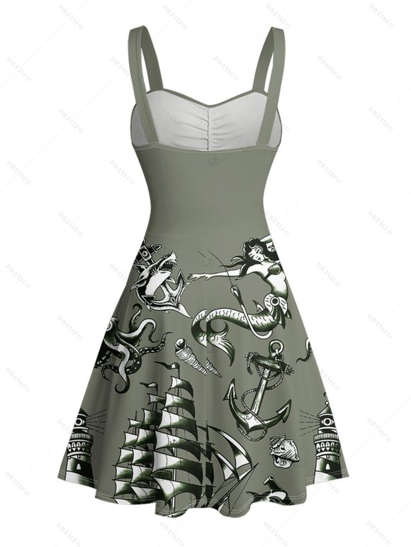 Vacation Couple Outfit Mermaid Dolphin Ship Ocean Elements Pattern Ruched Bust Belt Dress and Button Up Shirt Matching Outfit - Vert profond S | US 4