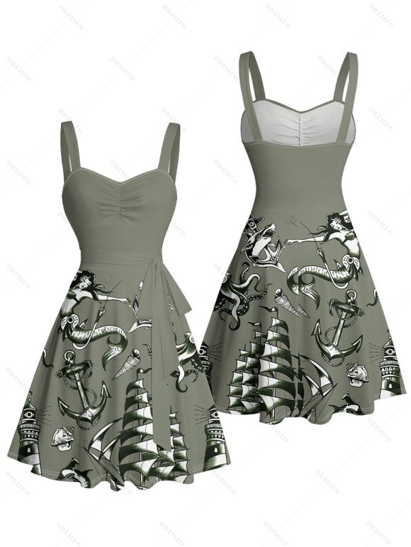 Vacation Couple Outfit Mermaid Dolphin Ship Ocean Elements Pattern Ruched Bust Belt Dress and Button Up Shirt Matching Outfit - Vert profond S | US 4