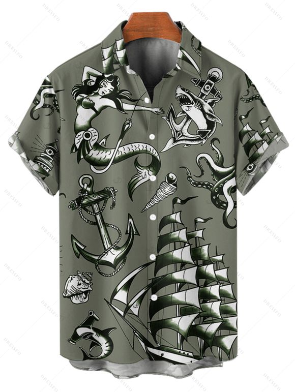 Vacation Couple Outfit Mermaid Dolphin Ship Ocean Elements Pattern Ruched Bust Belt Dress and Button Up Shirt Matching Outfit - Vert profond S | US 4