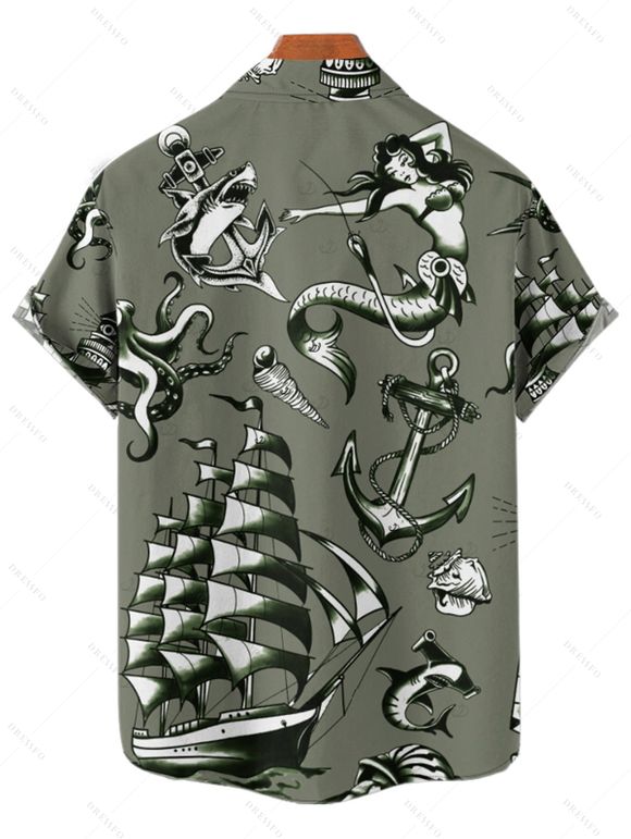 Vacation Couple Outfit Mermaid Dolphin Ship Ocean Elements Pattern Ruched Bust Belt Dress and Button Up Shirt Matching Outfit - Vert profond S | US 4