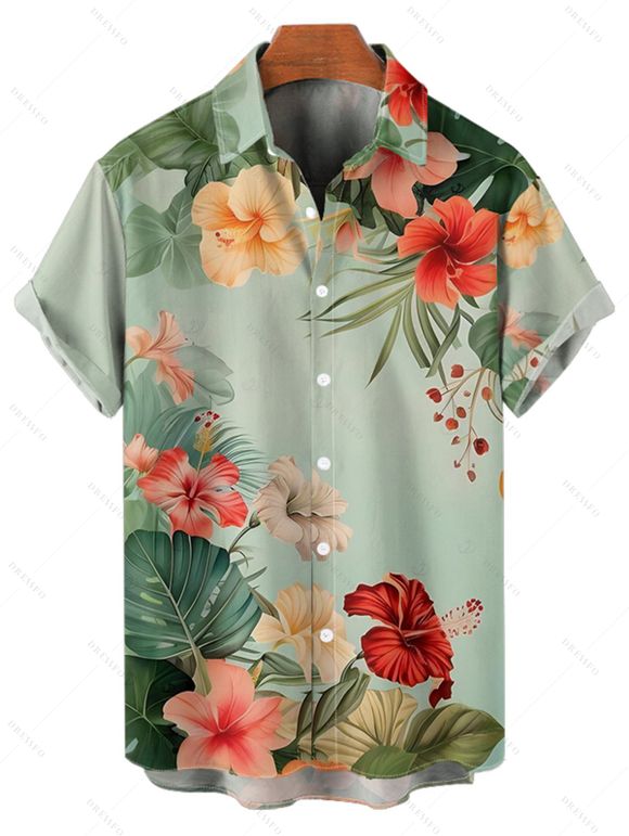 Vacation Couple Outfit Colored Flower Leaf Pattern Ruched Bust Belt Sweetheart Neck A Line Mini Dress and Button Up Shirt Matching Outfit - Vert clair S | US 4