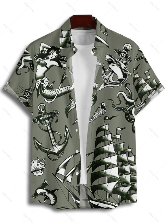 Vacation Couple Outfit Mermaid Dolphin Ship Ocean Elements Pattern Ruched Bust Belt Dress and Button Up Shirt Matching Outfit - Vert profond S | US 4