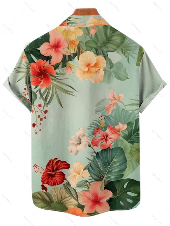 Vacation Couple Outfit Colored Flower Leaf Pattern Ruched Bust Belt Sweetheart Neck A Line Mini Dress and Button Up Shirt Matching Outfit - Vert clair S | US 4