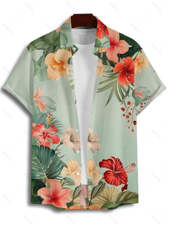 Vacation Couple Outfit Colored Flower Leaf Pattern Ruched Bust Belt Sweetheart Neck A Line Mini Dress and Button Up Shirt Matching Outfit - Vert clair S | US 4