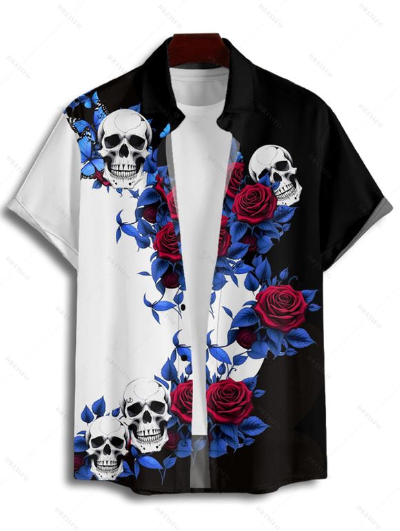 Chemise gothique monochrome à manches courtes et boutons pour homme, motif tête de mort et fleurs, style vacances - Noir M