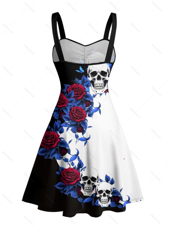 Robe gothique monochrome à motif de fleurs, feuilles et crânes, buste froncé, col en cœur, coupe trapèze, mini robe de vacances - Noir M | US 6