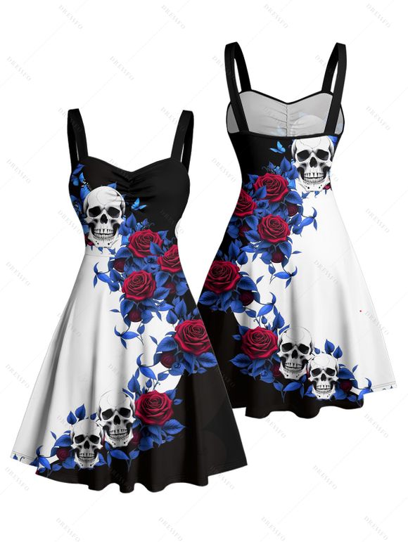 Robe gothique monochrome à motif de fleurs, feuilles et crânes, buste froncé, col en cœur, coupe trapèze, mini robe de vacances - Noir M | US 6