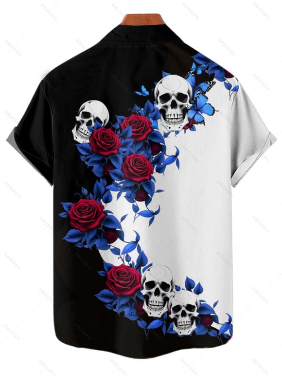 Gothic Couple Outfit Monochrome Flower Leaf Skulls Pattern Ruched Bust Sweetheart Neck Dress and Button Up Shirt Holiday Matching Outfit - Noir S | US 4