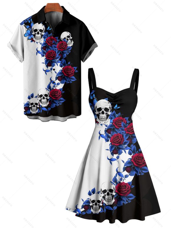 Gothic Couple Outfit Monochrome Flower Leaf Skulls Pattern Ruched Bust Sweetheart Neck Dress and Button Up Shirt Holiday Matching Outfit - Noir S | US 4