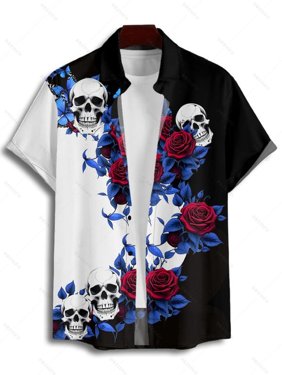 Gothic Couple Outfit Monochrome Flower Leaf Skulls Pattern Ruched Bust Sweetheart Neck Dress and Button Up Shirt Holiday Matching Outfit - Noir S | US 4