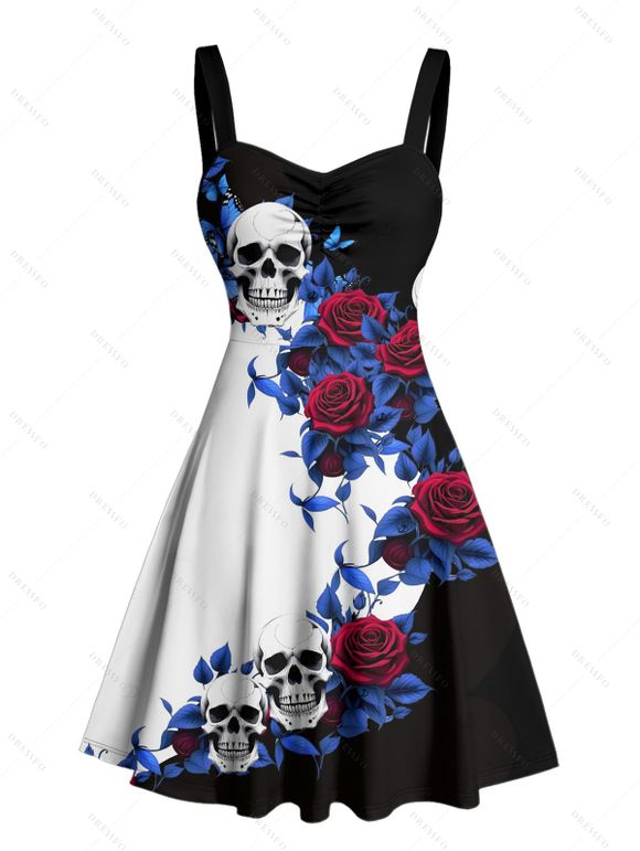 Gothic Couple Outfit Monochrome Flower Leaf Skulls Pattern Ruched Bust Sweetheart Neck Dress and Button Up Shirt Holiday Matching Outfit - Noir S | US 4