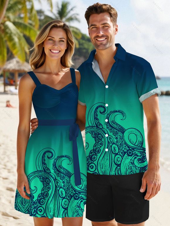 Vacation Couple Outfit Ombre Octopus Pattern Ruched Bust Belt Sweetheart Neck Dress and Button Up Shirt Drawstring Shorts Beach Matching Outfit - DEEP GREEN S | US 4
