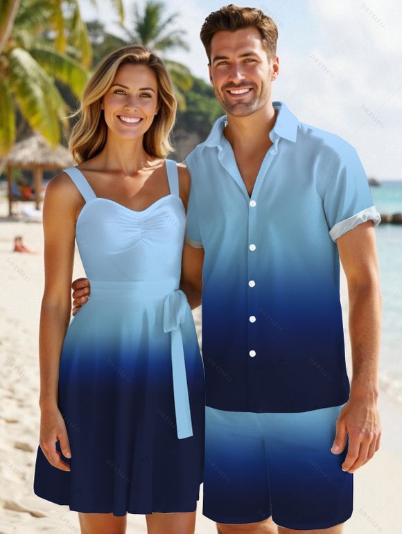 Vacation Couple Outfit Ombre Ruched Bust Belt Sweetheart Neck Empire Waist A Line Mini Dress and Roll Up Sleeve Shirt Drawstring Shorts Beach Matching Outfit - BLUE S | US 4