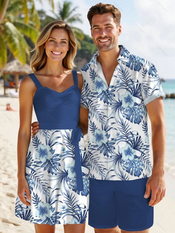 Vacation Couple Outfit Tropical Flower Leaf Print Belted Mini Dress and Roll Up Sleeve Shirt Solid Color Drawstring Waist Shorts Matching Outfit - Bleu profond S | US 4