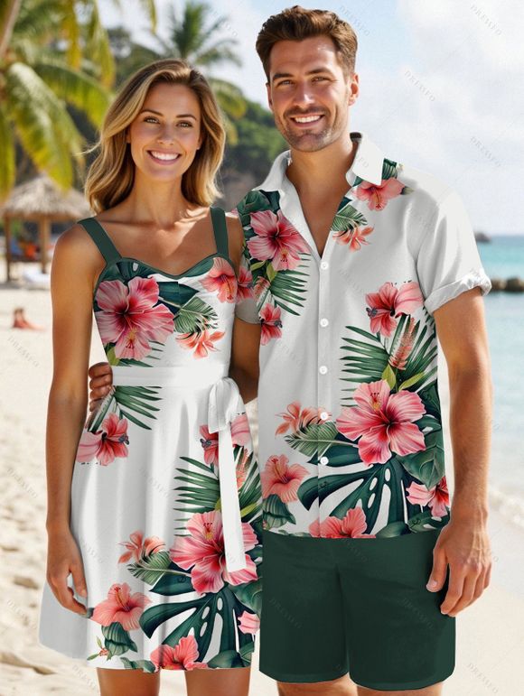 Vacation Couple Outfit Tropical Floral Leaf Pattern Ruched Bust Belted Dress and Roll Up Sleeve Shirt Solid Color Drawstrings Beach Shorts Outfit - Vert profond S | US 4