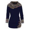 Tribal Geometric Stripe Panel Hooded Knit Top Long Sleeve Mock Button Knitted Top - Bleu de Minuit XXXL