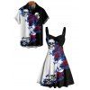 Gothic Couple Outfit Monochrome Flower Leaf Skulls Pattern Ruched Bust Sweetheart Neck Dress and Button Up Shirt Holiday Matching Outfit - Noir S | US 4