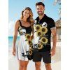 Gothic Couple Outfit Contrast Color Sunflower Skulls Pattern Ruched Bust Sweetheart Neck A Line Mini Dress and Button Up Shirt Holiday Matching Outfit - Noir S | US 4