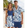 Vacation Couple Outfit Tropical Flower Leaf Print Belted Mini Dress and Roll Up Sleeve Shirt Solid Color Drawstring Waist Shorts Matching Outfit