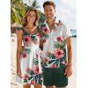 Vacation Couple Outfit Tropical Floral Leaf Pattern Ruched Bust Belted Dress and Roll Up Sleeve Shirt Solid Color Drawstrings Beach Shorts Outfit - Vert profond S | US 4