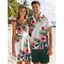 Vacation Couple Outfit Tropical Floral Leaf Pattern Ruched Bust Belted Dress and Roll Up Sleeve Shirt Solid Color Drawstrings Beach Shorts Outfit - Vert profond S | US 4