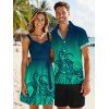 Vacation Couple Outfit Ombre Octopus Pattern Ruched Bust Belt Sweetheart Neck Dress and Button Up Shirt Beach Matching Outfit - DEEP GREEN S | US 4
