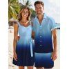 Vacation Couple Outfit Ombre Ruched Bust Belt Sweetheart Neck Empire Waist A Line Mini Dress and Roll Up Sleeve Shirt Drawstring Shorts Beach Matching Outfit - BLUE S | US 4