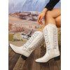 Vacation Women Outfit Solid Color Cinched Shoulder Lace Panel A Line Dress and Turquoise Beaded Earrings Embroidery Star Boots Set - Vert clair S | US 4