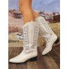 Vacation Women Outfit Solid Color Cinched Shoulder Lace Panel A Line Dress and Turquoise Beaded Earrings Embroidery Star Boots Set - Vert clair S | US 4