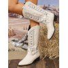 Vacation Women Outfit Solid Color Cinched Shoulder Lace Panel A Line Dress and Turquoise Beaded Earrings Embroidery Star Boots Set - Vert clair S | US 4