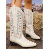 Vacation Women Outfit Solid Color Cinched Shoulder Lace Panel A Line Dress and Turquoise Beaded Earrings Embroidery Star Boots Set - Vert clair S | US 4