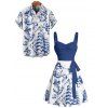 Vacation Couple Outfit Mermaid Dolphin Ship Ocean Elements Pattern Ruched Bust Belt Dress and Button Up Shirt Matching Outfit - Bleu S | US 4