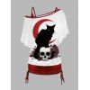 Ensemble deux pièces gothique avec haut à motif floral et tête de mort, t-shirt à col incliné et manches chauve-souris et débardeur cintré de couleur unie - Blanc XXL | US 12