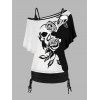 Ensemble deux pièces gothique, t-shirt à manches chauve-souris et col incliné, motif floral, tête de mort, couleur contrastée, et débardeur cintré de couleur unie - Noir XXL | US 12
