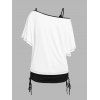 Ensemble deux pièces gothique, t-shirt à manches chauve-souris et col incliné, motif floral, tête de mort, couleur contrastée, et débardeur cintré de couleur unie - Noir XXL | US 12