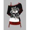 Ensemble deux pièces gothique avec haut à motif floral et tête de mort contrasté, t-shirt à manches chauve-souris et col incliné et débardeur cintré de couleur unie - Noir XXL | US 12