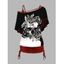 Ensemble deux pièces gothique avec haut à motif floral et tête de mort contrasté, t-shirt à manches chauve-souris et col incliné et débardeur cintré de couleur unie - Noir XXL | US 12