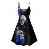Robe gothique à motif floral et têtes de mort et roses, bretelles spaghetti, col en V, coupe trapèze, mini-robe débardeur de vacances - Noir XXXXXL | US 20