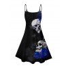 Robe gothique à motif floral et têtes de mort et roses, bretelles spaghetti, col en V, coupe trapèze, mini-robe débardeur de vacances - Noir XXXXXL | US 20