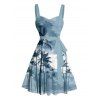 Robe de plage courte à imprimé palmier ombré, buste froncé, ceinture, décolleté en cœur, coupe trapèze - Bleu clair XXXXXL | US 20