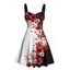 Robe gothique à col en cœur et motif floral fantôme contrasté, buste froncé, mini robe de vacances trapèze - Noir XXXXXL | US 20
