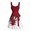 Robe de vacances à imprimé papillon, rose, fleur, feuille, buste froncé, ceinture, décolleté en cœur, coupe trapèze, mini, décontractée - Rouge foncé XXXXXL | US 20