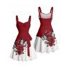 Robe de vacances à imprimé papillon, rose, fleur, feuille, buste froncé, ceinture, décolleté en cœur, coupe trapèze, mini, décontractée - Rouge foncé XXXXXL | US 20