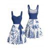 Robe de vacances à motif sirène, dauphin, navire, éléments océaniques, buste froncé, ceinture, col en cœur, ligne A, mini, décontractée - Bleu XXXXXL | US 20