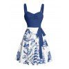 Robe de vacances à motif sirène, dauphin, navire, éléments océaniques, buste froncé, ceinture, col en cœur, ligne A, mini, décontractée - Bleu XXXXXL | US 20