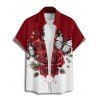 Chemise de vacances à manches courtes et revers boutonnés pour homme, motif papillon, rose, fleur et feuille, décontractée - Rouge foncé 5XL