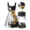 Gothic Women Outfit Contrast Color Sunflower Skulls Pattern Ruched Bust Dress and Lace Up Wide Belt Chain Sandals Set - Noir S | US 4