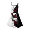 Gothic Women Outfit Monochrome Rose Skulls Pattern Spaghetti Strap Tank Dress and Heart Rose Necklace Heart Chain Embellishment Sandals Set - Noir S | US 4