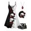 Gothic Women Outfit Monochrome Rose Skulls Pattern Spaghetti Strap Tank Dress and Heart Rose Necklace Heart Chain Embellishment Sandals Set - Noir S | US 4