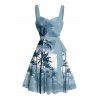Vacation Couple Outfit Ombre Palm Tree Pattern Ruched Bust Belt Sweetheart Neck A Line Mini Dress and Button Up Shirt Beach Matching Outfit - Bleu clair S | US 4